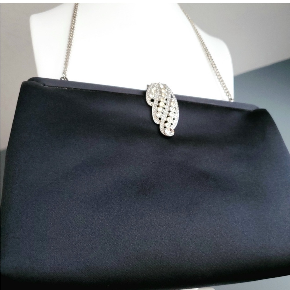 Givenchy vintage clutch Crystal clasp, shoulder bag black satin, 42” strap RARE